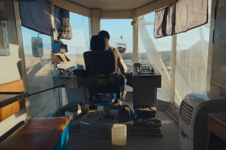 Operator of a gold-mining walking multi-bucket excavator in the control cab.の写真素材