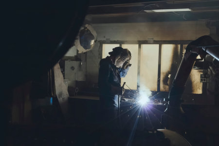 A welder in a workshop welds a partの写真素材