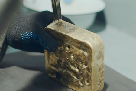 A gold bar that has been cleared of slag during solidification.の写真素材