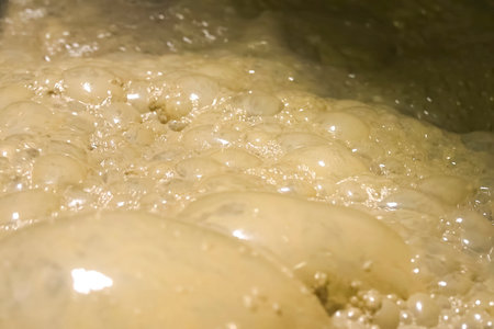 Bubbles of foam in the dirty water of the gold ore tank.