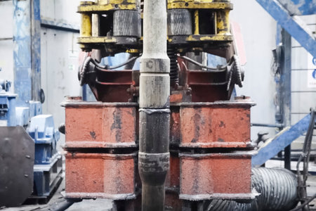 Connection of tubing pipes on the drill table on the drilling rig.