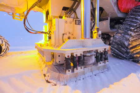 Transport for seismological studies of oil field prospecting, vibration platforms on trucks.