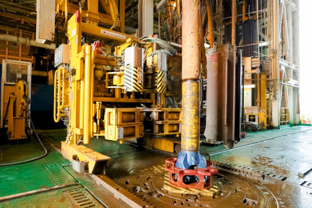 drilling equipment inside a drilling rig on an offshore oil platform. hook, swivel and drill pipes...