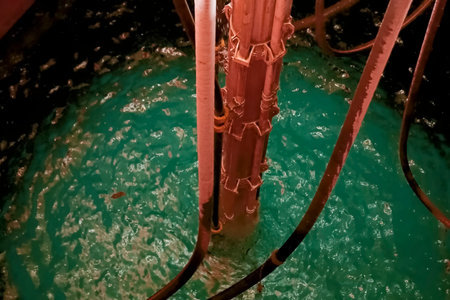 drilling equipment descending into the sea on an offshore oil platform.