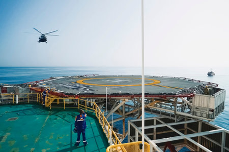 Helipad on an offshore oil drilling platform.