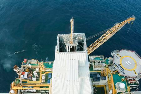 aerial view of drilling platform in oceanの写真素材