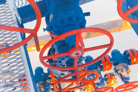 shut-off valves on an oil and gas pipeline, painted blue and red.