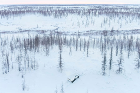 A white all-terrain vehicle rides through a snow-covered forest-tundra, a view from the height of the drone's flight.の写真素材
