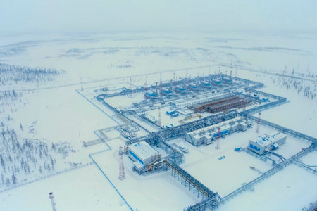 Equipment of the plant for the preparation of liquefied gas, winter and snow outside.