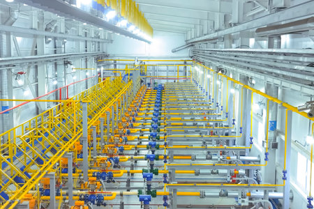 Valves and gas meters in the gas metering room in the gas pipeline at the LNG plant