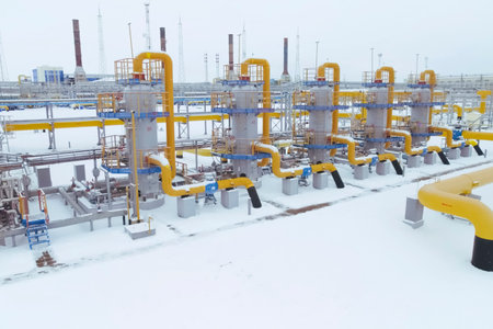 A block of gas cleaning vessels at a gas treatment plant for the production of liquefied natural...