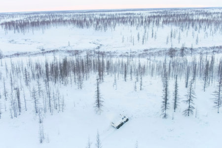 A white all-terrain vehicle drives through the forest-tundra in winter in the snow.の写真素材
