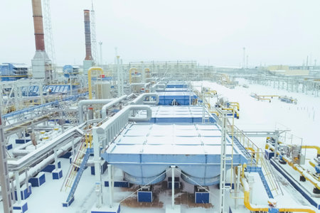 Equipment and pipes of a gas treatment station for gas transport to an LNG plant.