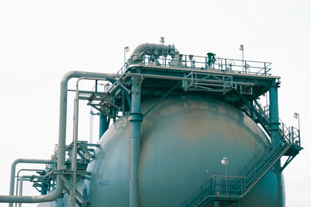 A complex system of pipes and assemblies in a plant for the production and treatment of liquefied...