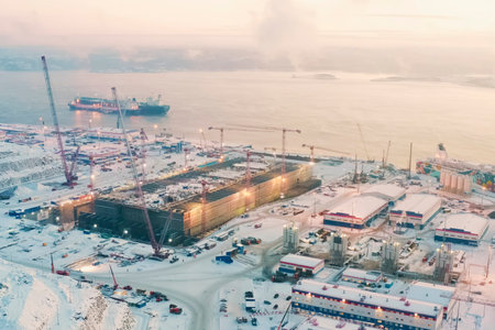 Start of construction of the LNG plant, construction equipment on site.の写真素材