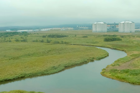 A coastal plant for the production of liquefied natural gas, an up-to-date energy carrier of the 21st century, port infrastructure for tanker refueling.の写真素材