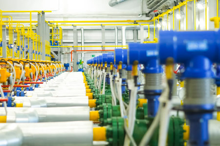 Room with gas meters on pipelines. Shut-off valves and flange connections.の写真素材