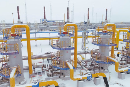 A block of gas cleaning vessels at a gas treatment plant for the production of liquefied natural...