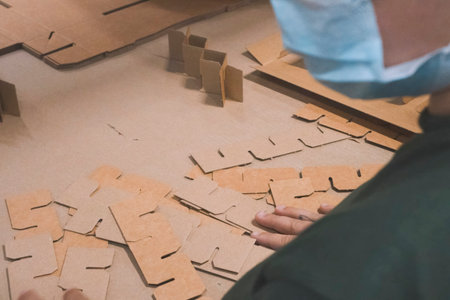 A female operator shifts cardboard shock absorber pads for packaging boxes.の写真素材