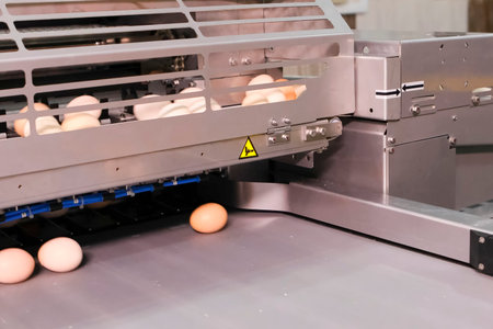 Chicken eggs on conveyor line at egg packing factory.