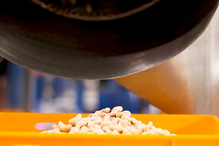 Cashew nuts processing at cashew production factory, conveyor lines and processing stages.
