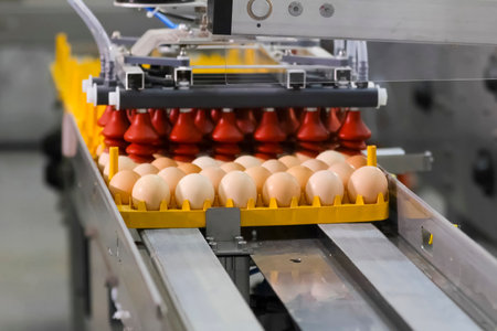 Chicken eggs on conveyor with suction cups in packing area at egg production factory.の写真素材