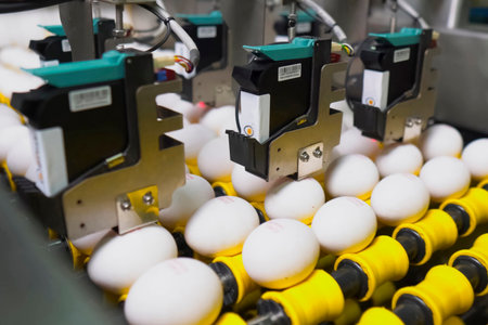 Conveyor line where chicken eggs are marked with food printer.の写真素材