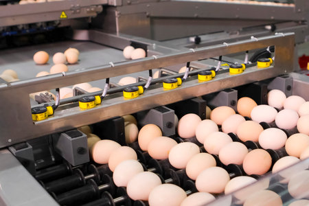 Chicken eggs on conveyor line at egg packing factory.の写真素材
