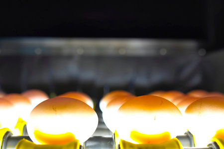 Chicken eggs on conveyor, rejection, marking, and sorting for further packing.の写真素材