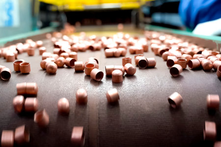 Blank cylinders for cartridge case manufacturing, ammunition production conveyor.