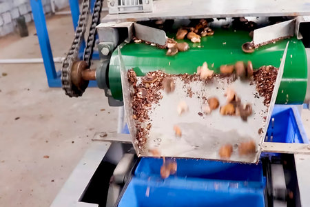 Cashew nuts processing at cashew production factory, conveyor lines and processing stages.