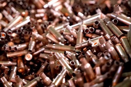 Large pile of empty cartridge cases, components for assembling cartridges.の写真素材