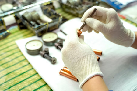 The quality control operator checks the chuck parts for compliance with the dimensions and...