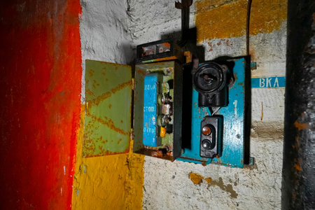 The start switch is a stop on the wall of an abandoned bunker. non-working electrical equipment