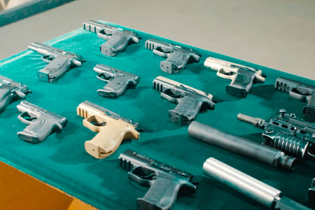 pistols at the exhibition of new weapons, weapons on green velvet