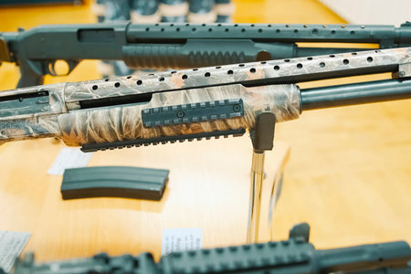 Shotgun on a display stand at a weapon store