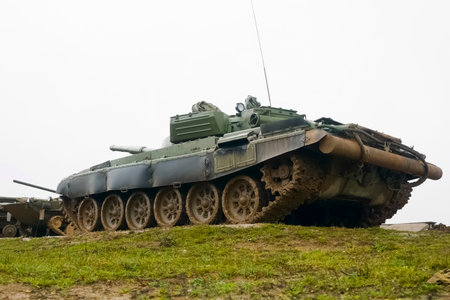 T-72 tank testing at proving ground, overall view with hull and turret details.