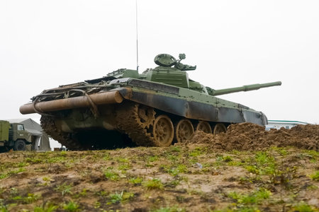 T-72 tank testing at proving ground, overall view with hull and turret details.