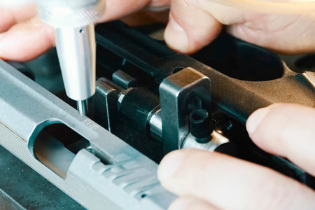 Engraving the serial number on a pistol using a special numbering machine