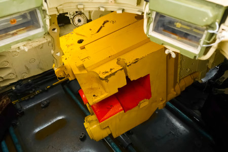 Interior of T-72 tank in control cabin. T-72 tank testing at proving ground, overall view with hull...