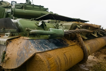 T-72 tank testing at proving ground, overall view with hull and turret details.の写真素材