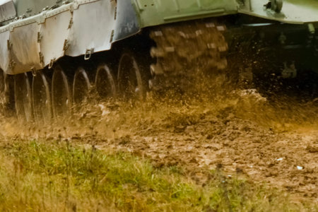 T-72 tank tracks, testing in muddy weather at proving ground.