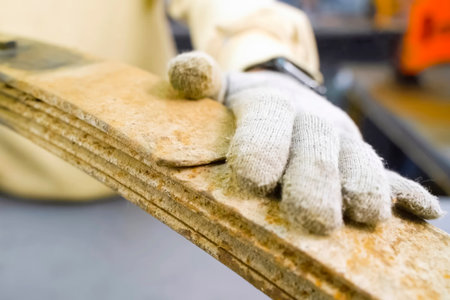 Old rusty truck springs in the hands of a man wearing gloves.の写真素材