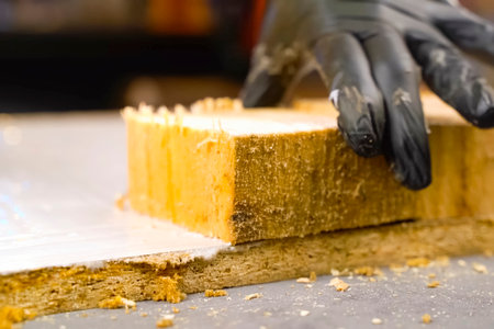 Gluing wooden bars to a board with PVA glue, creating a target board.の写真素材