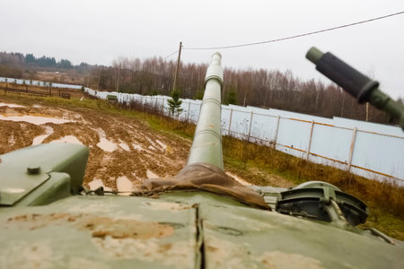 T-72 tank cannon aimed towards the forest