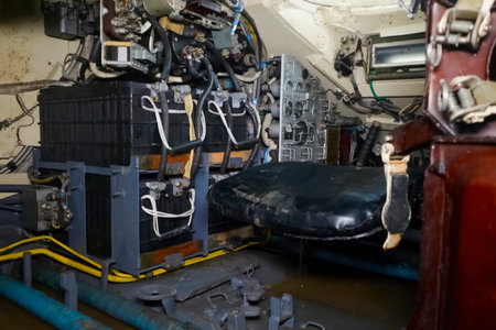 Interior of T-72 tank in control cabin. T-72 tank testing at proving ground, overall view with hull...