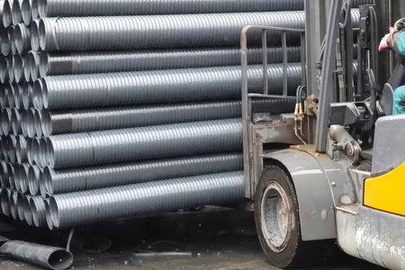 Forklift loading polypropylene pipes in a warehouse