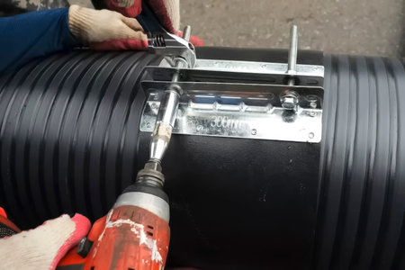 CONNECTION of the two ends of polypropylene pipes with clamps.の写真素材
