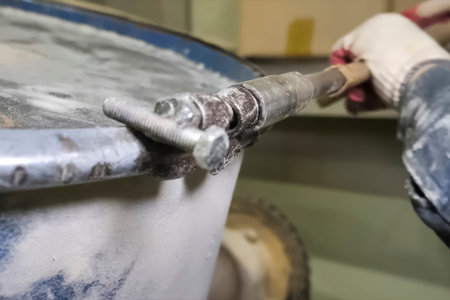 Opening a clamping band on a barrel with a wrenchの写真素材