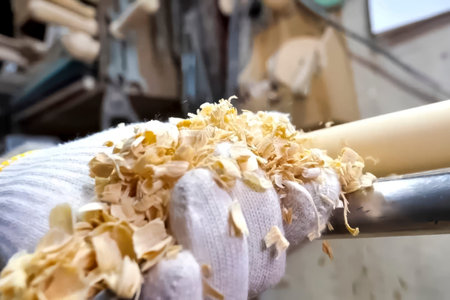 Sawdust shavings left after processing a wooden block on a carpentry machine.の写真素材